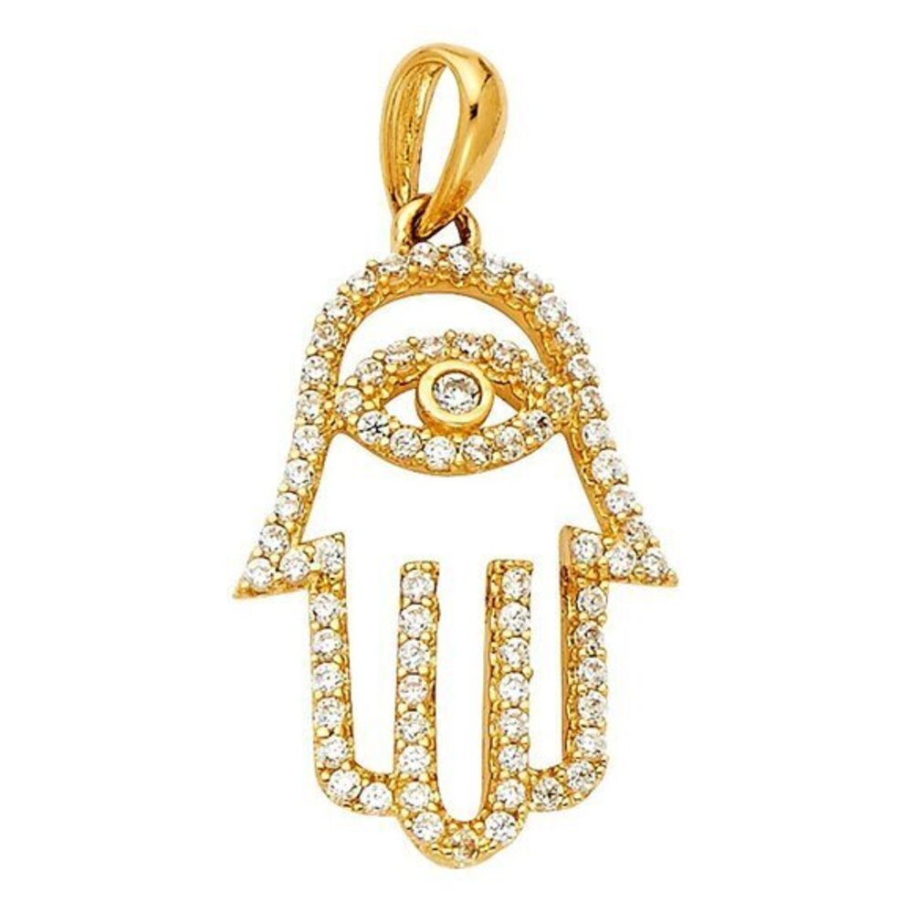 14K Yellow Gold Evil Eye CZ Hamsa Pendant